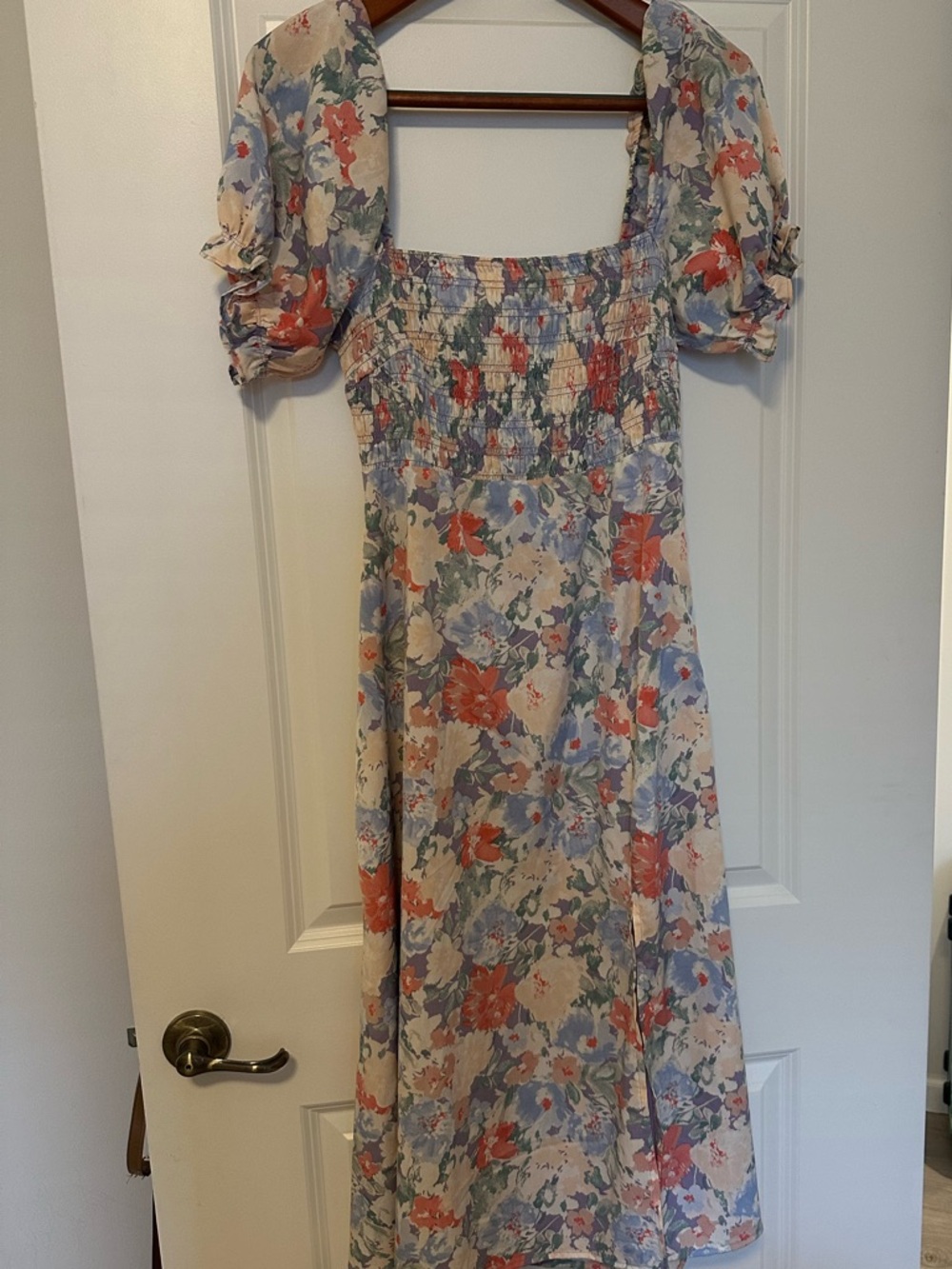 ASTR the Label Floral Puff-Sleeve Midi Dress in Cream, Coral & Blue